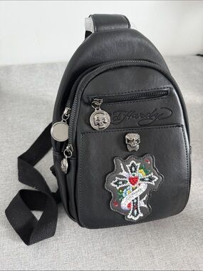 Ed Hardy Black Mini Backpack Sling with Skull Charms